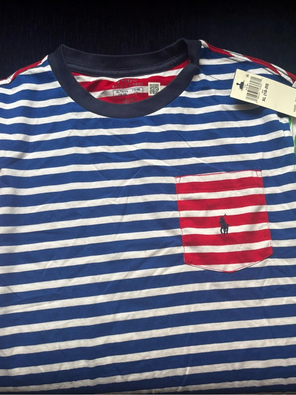 Polo by Ralph Lauren Kids Blue & White Striped Tee with Red Pocket